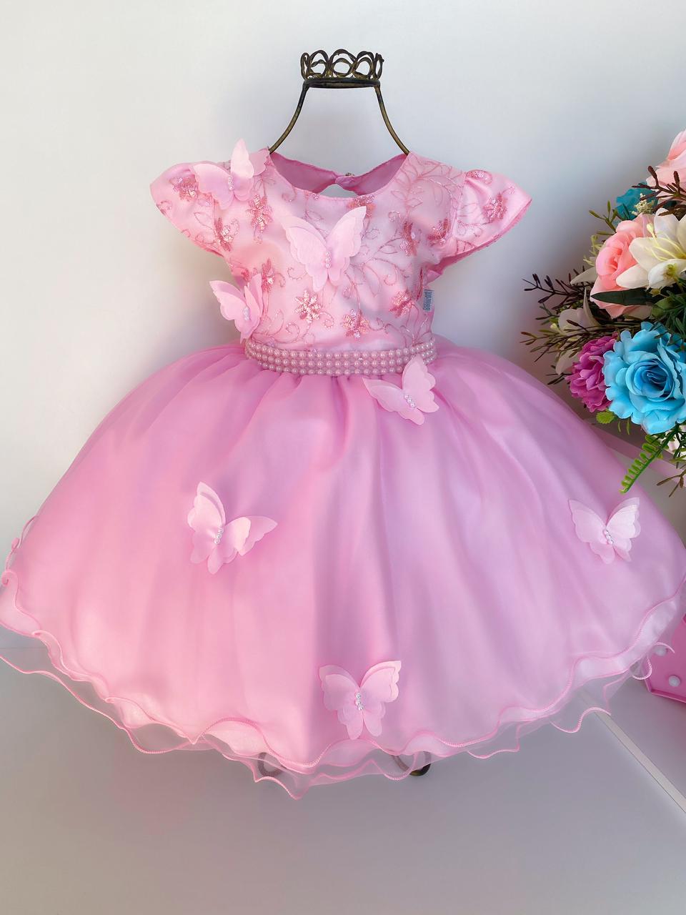 Vestido Infantil Rosa Aplique Borboletas Luxo Cinto Pérolas