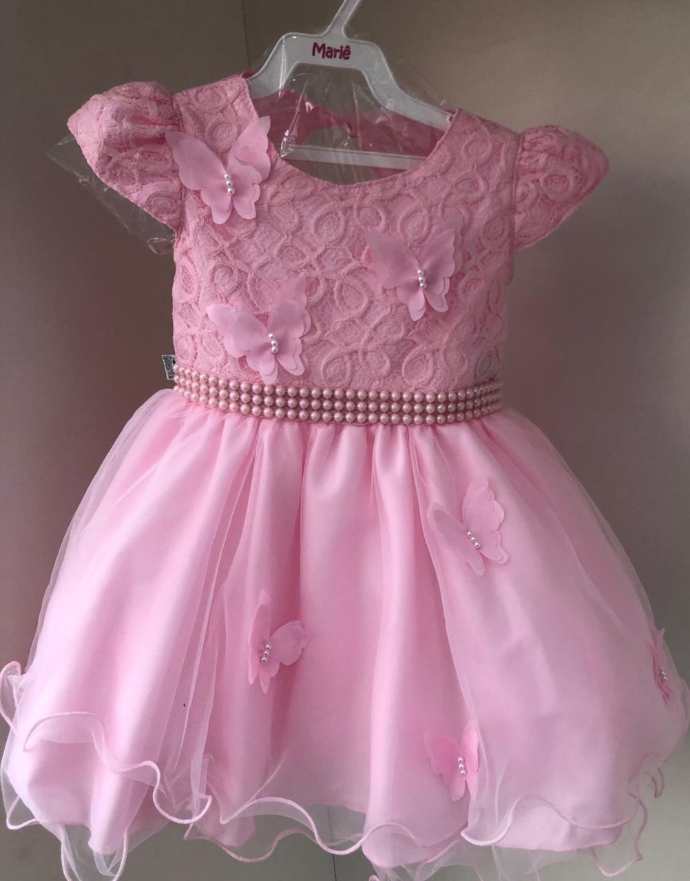 Vestido Infantil Rosa Aplique Borboletas Luxo Cinto Pérolas