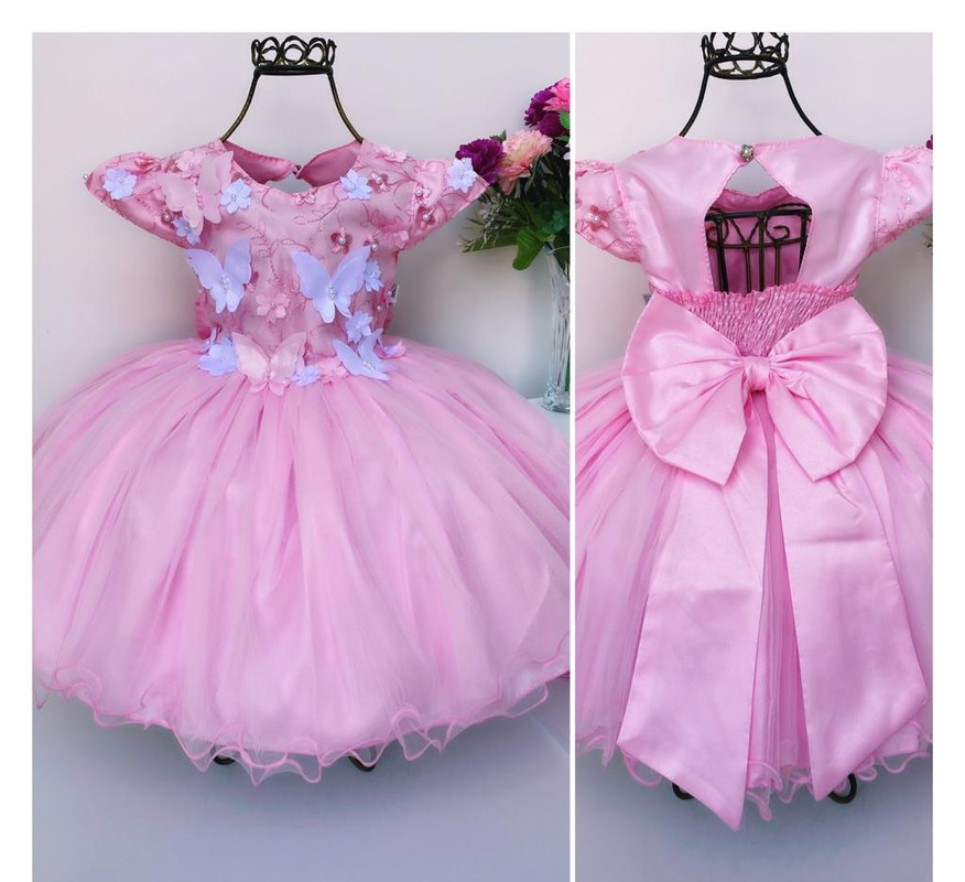 Vestido Infantil Rosa Aplique Borboletas Renda Luxo