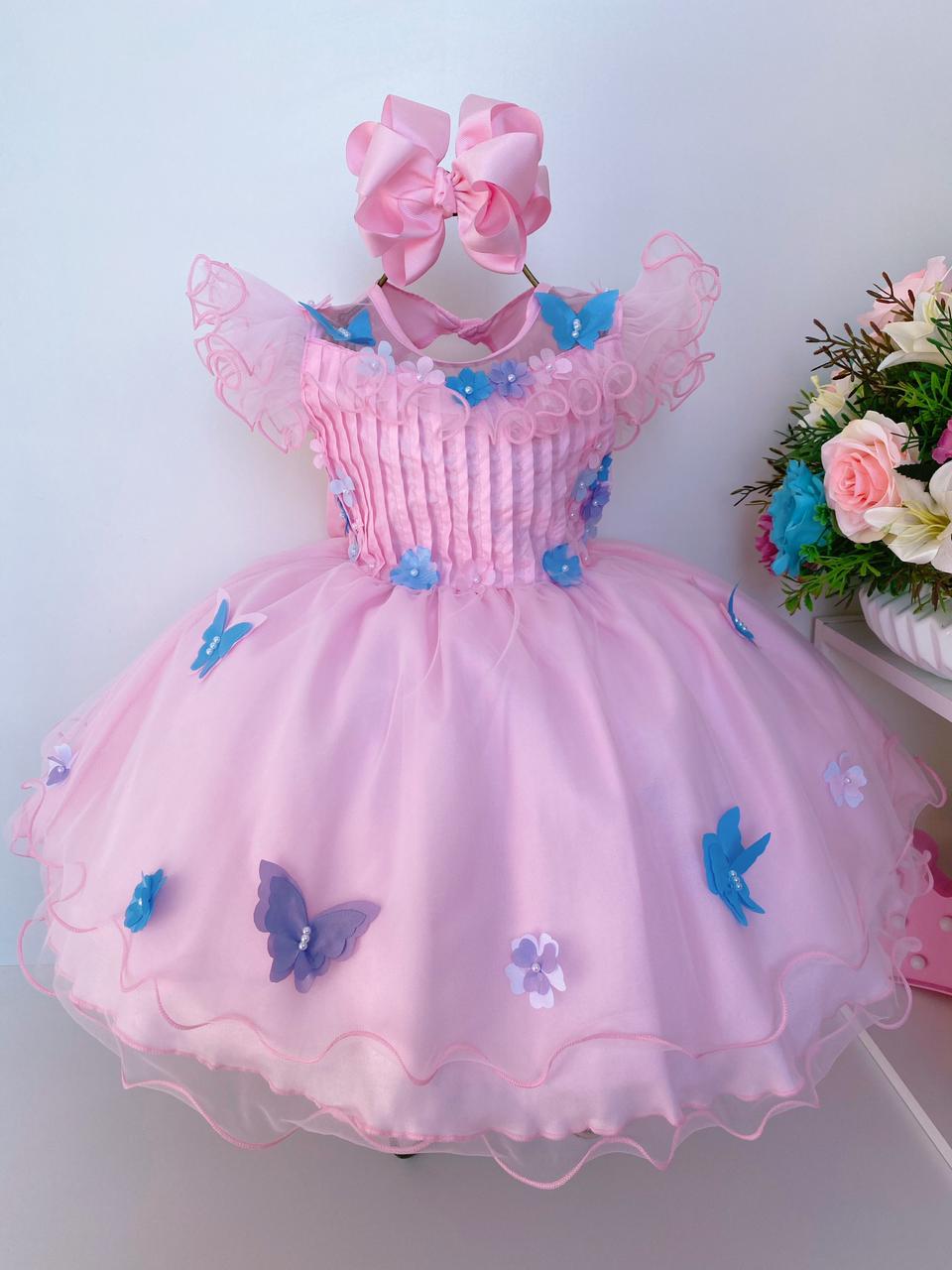 Vestido Infantil Rosa Aplique Borboletas Super Luxo