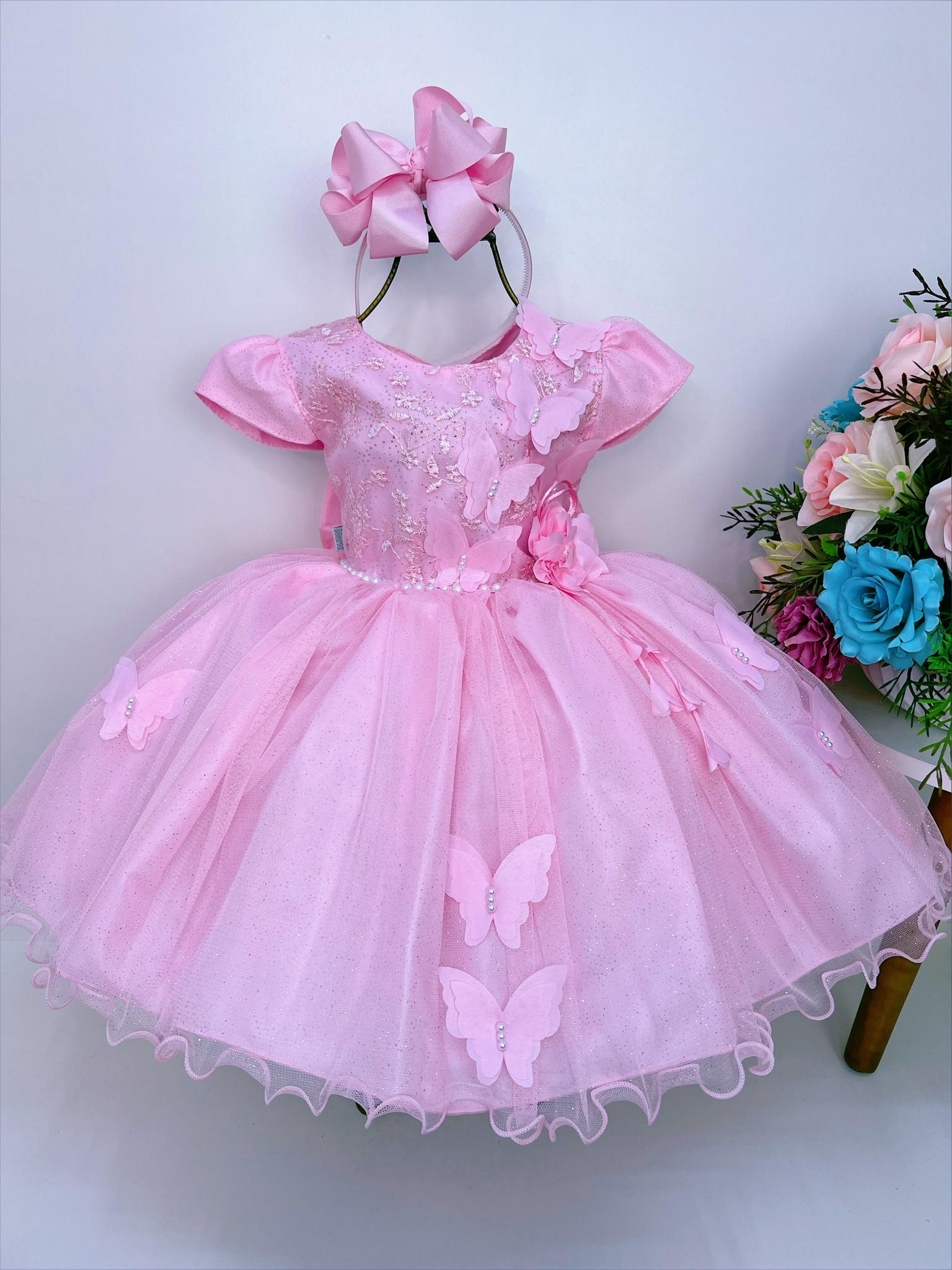 Vestido Infantil Rosa Aplique de Borboletas Flor Brilho Luxo