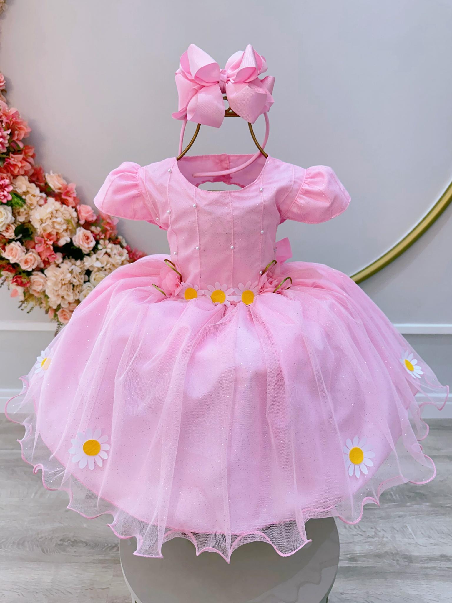 Vestido Infantil Rosa Bebê C/ Aplique de Margaridas Luxo