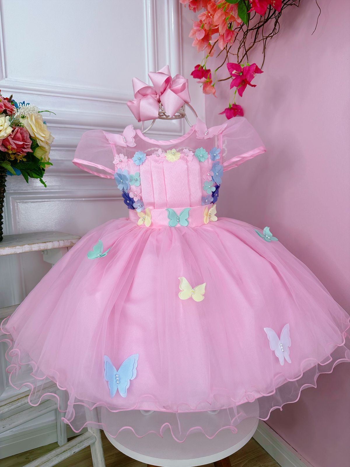 Vestido Infantil Rosa C/ Aplique Borboletas e Flores Pérolas