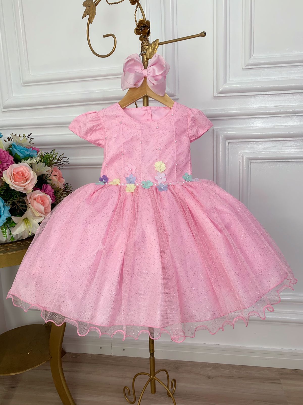 Vestido Infantil Rosa C/ Aplique de Flores Glitter Pérolas