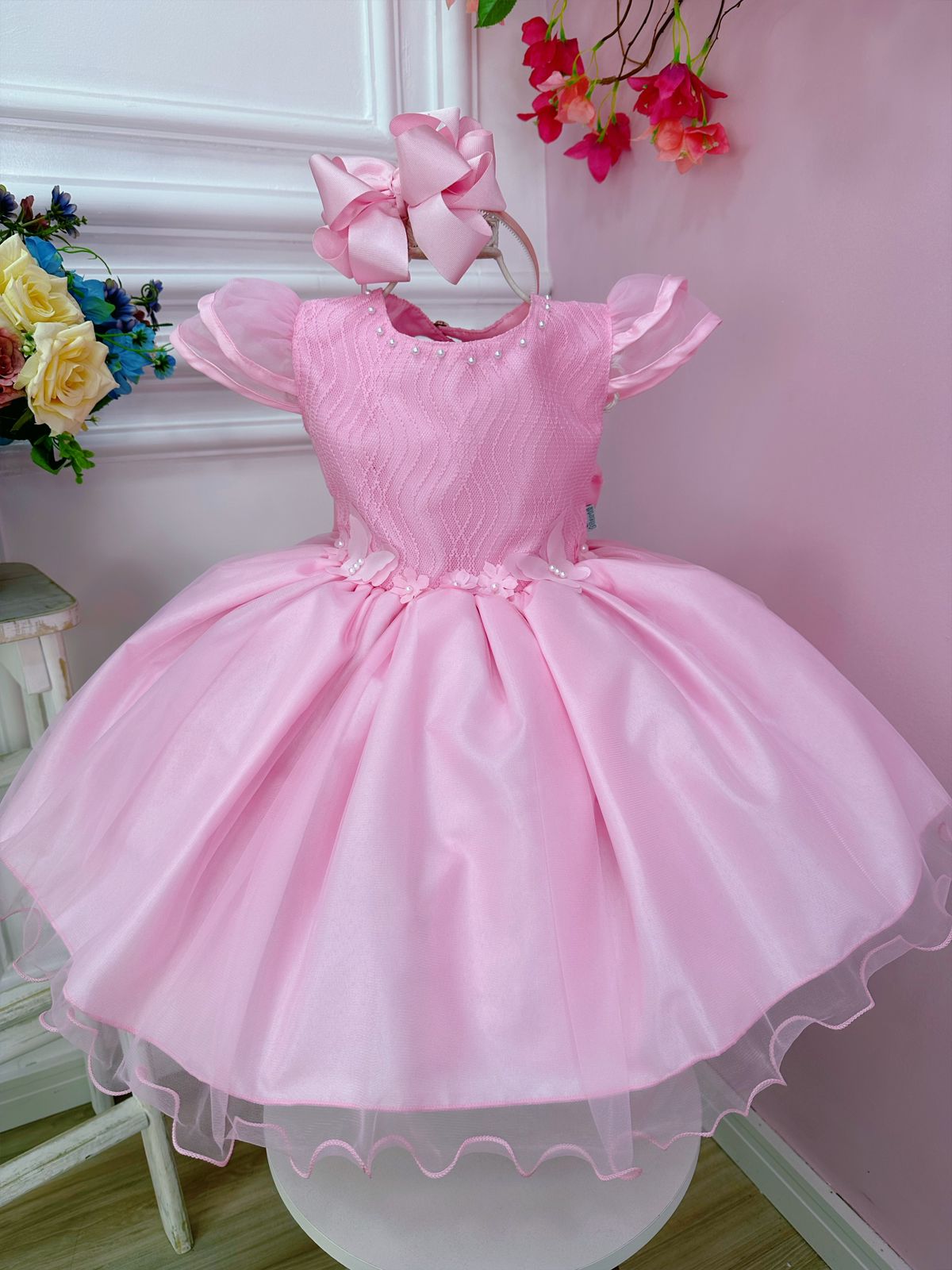Vestido Infantil Rosa C/ Aplique Flores Borboletas e Renda