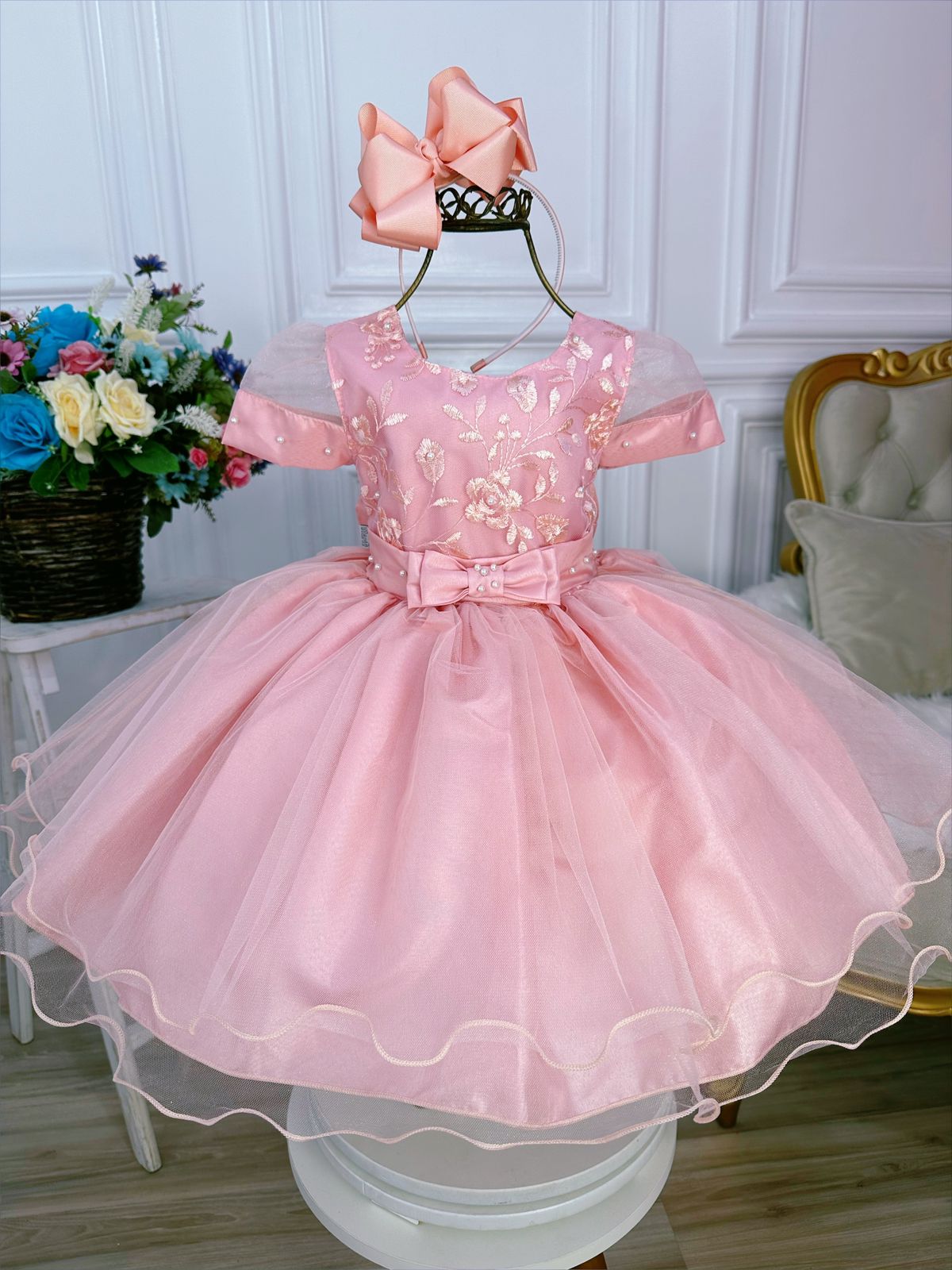 Vestido Infantil Rosa Chá Com Renda e Pérolas Luxo