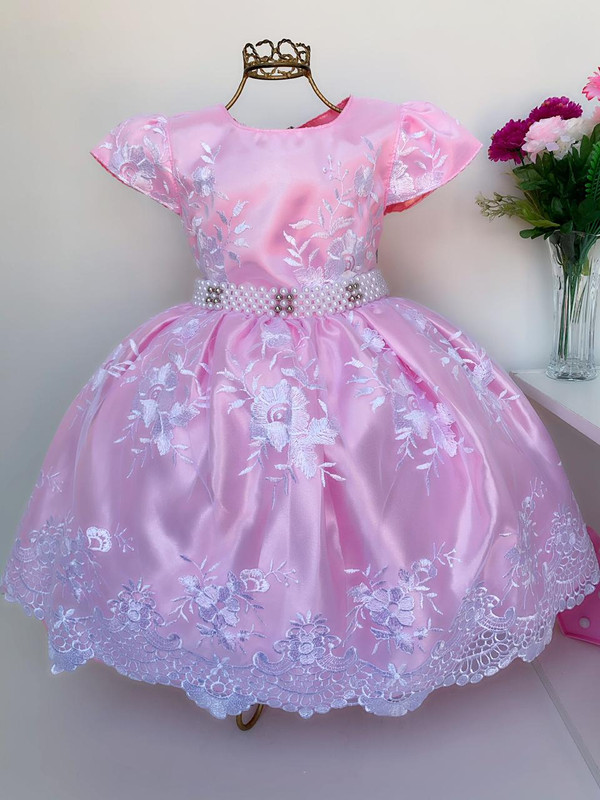 Vestido Infantil Rosa Dama de Honra Renda Branca Aniversário