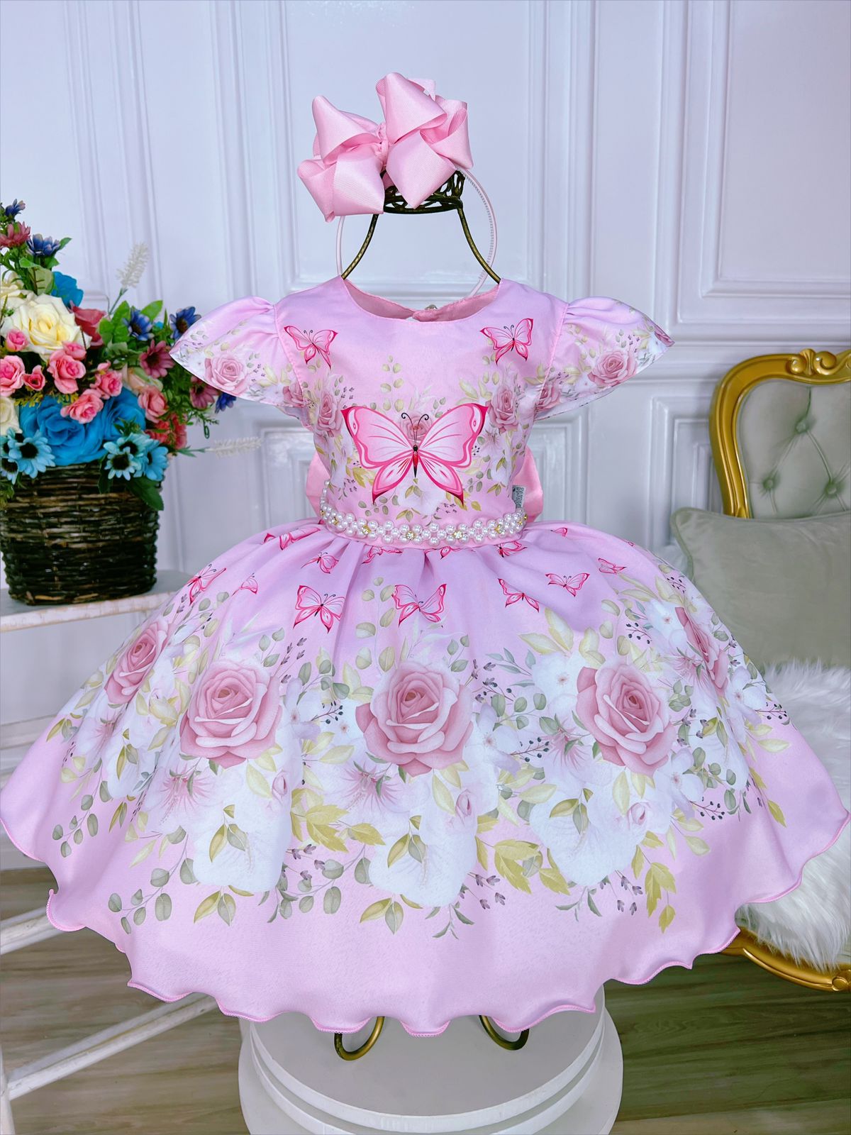 Vestido Infantil Rosa Jardim das Borboletas Strass Pérolas