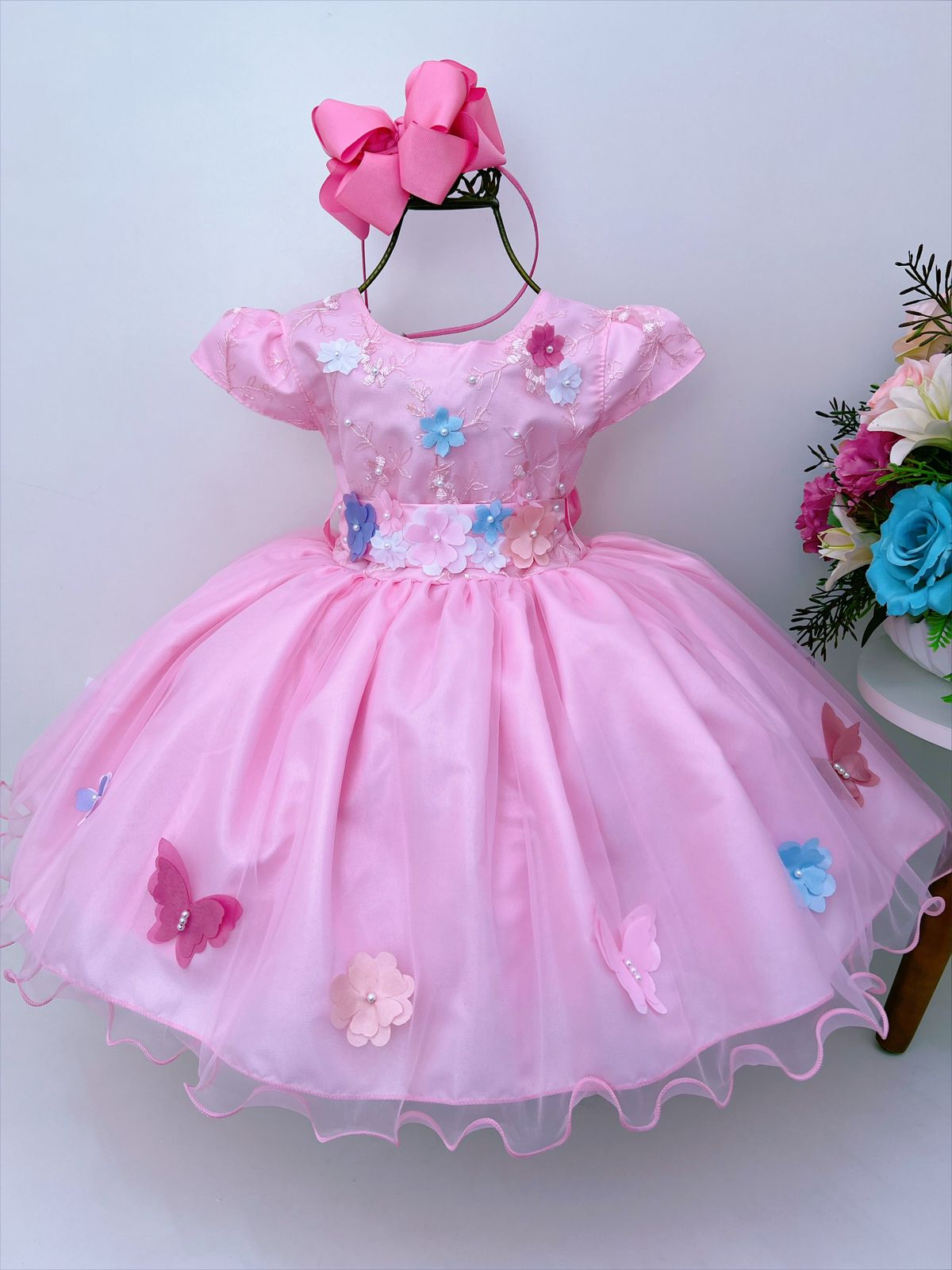Vestido Infantil Rosa Renda Aplique Flores Borboletas Perolas