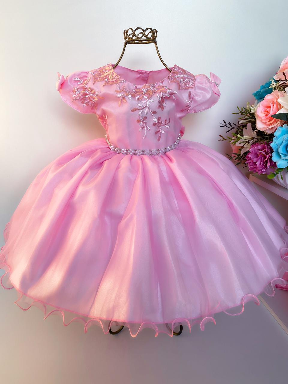 Vestido Infantil Rosa Renda e Voal Luxo Festas
