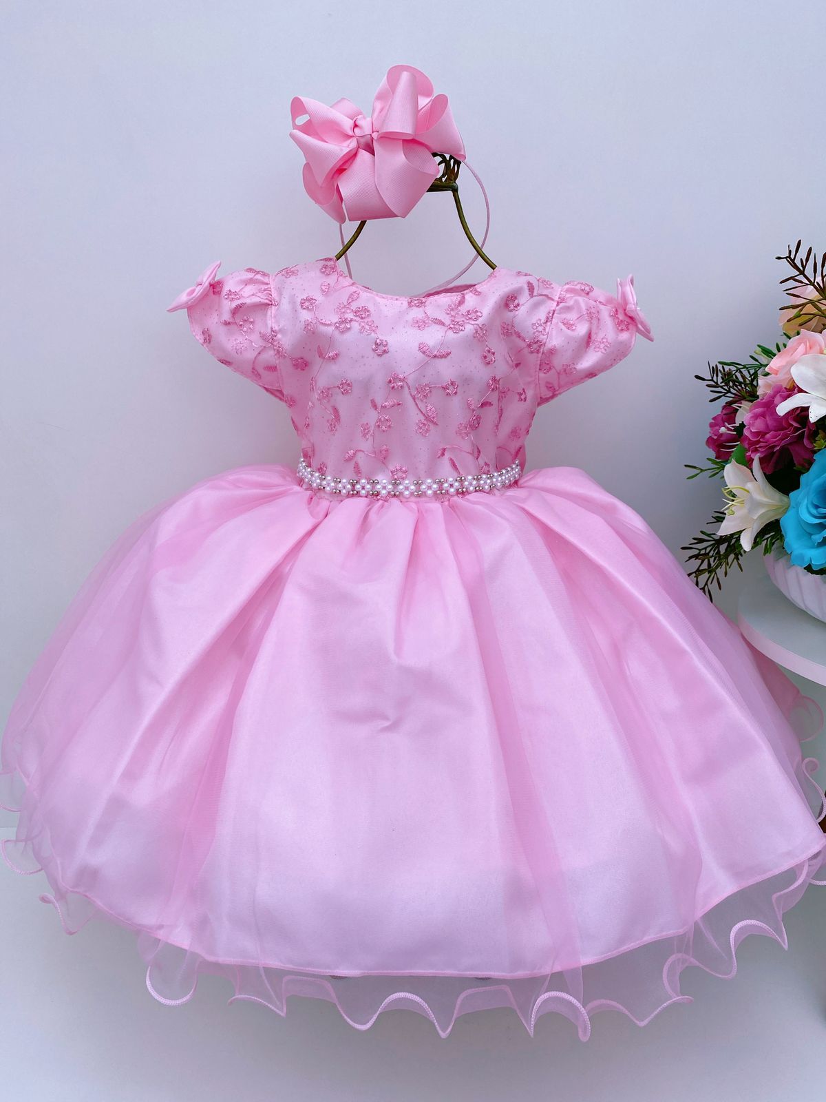Vestido Infantil Rosa Renda e Voal Luxo Festas