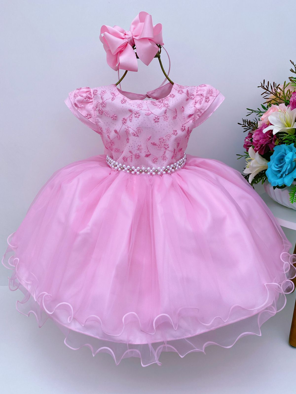 Vestido Infantil Rosa Voal Busto Renda Brilho Cinto Pérolas