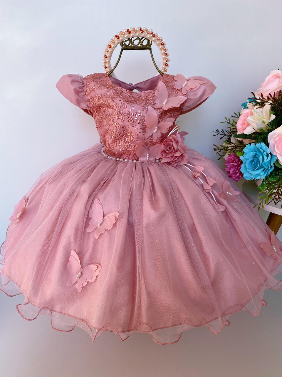 Vestido Infantil Rosê Aplique de Borboletas Flor Brilho Luxo