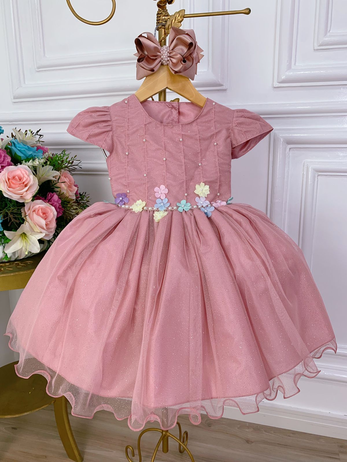 Vestido Infantil Rose C/ Aplique de Flores Glitter Pérolas