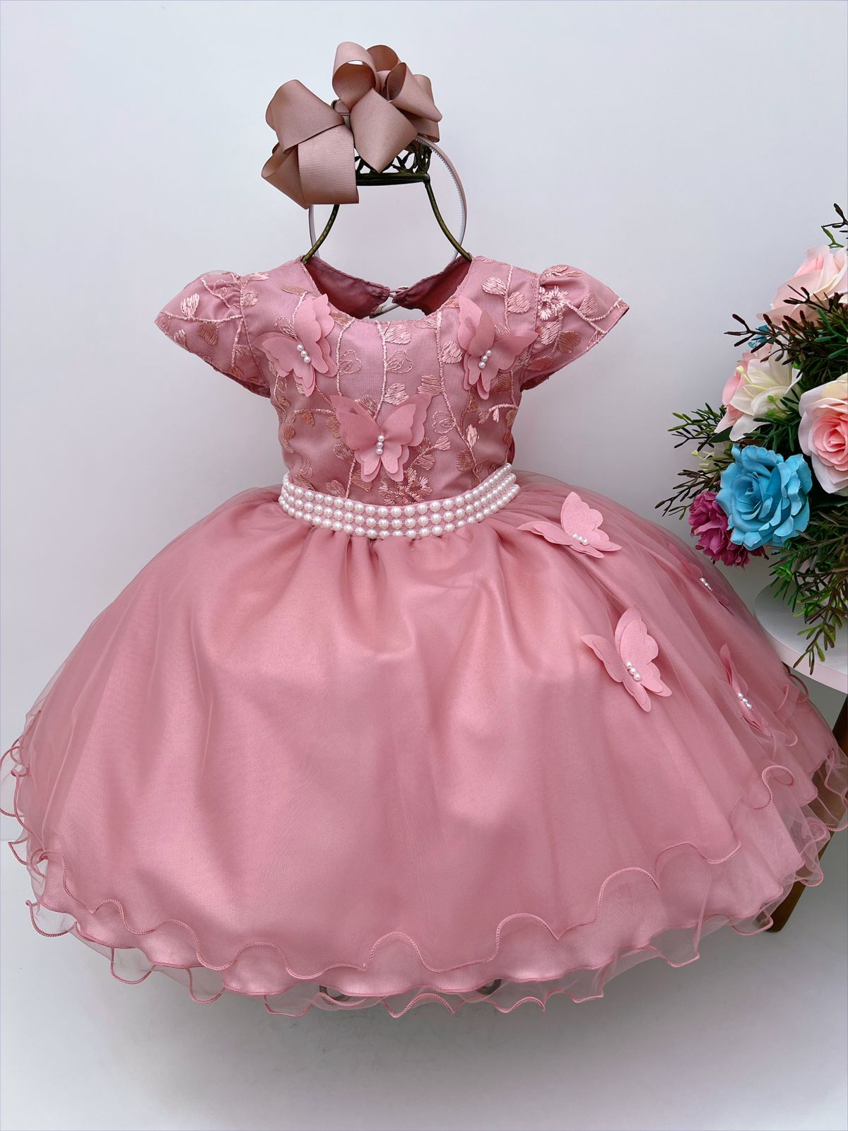 Vestido Infantil Rose C/ Renda e Aplique Borboletas Pérolas