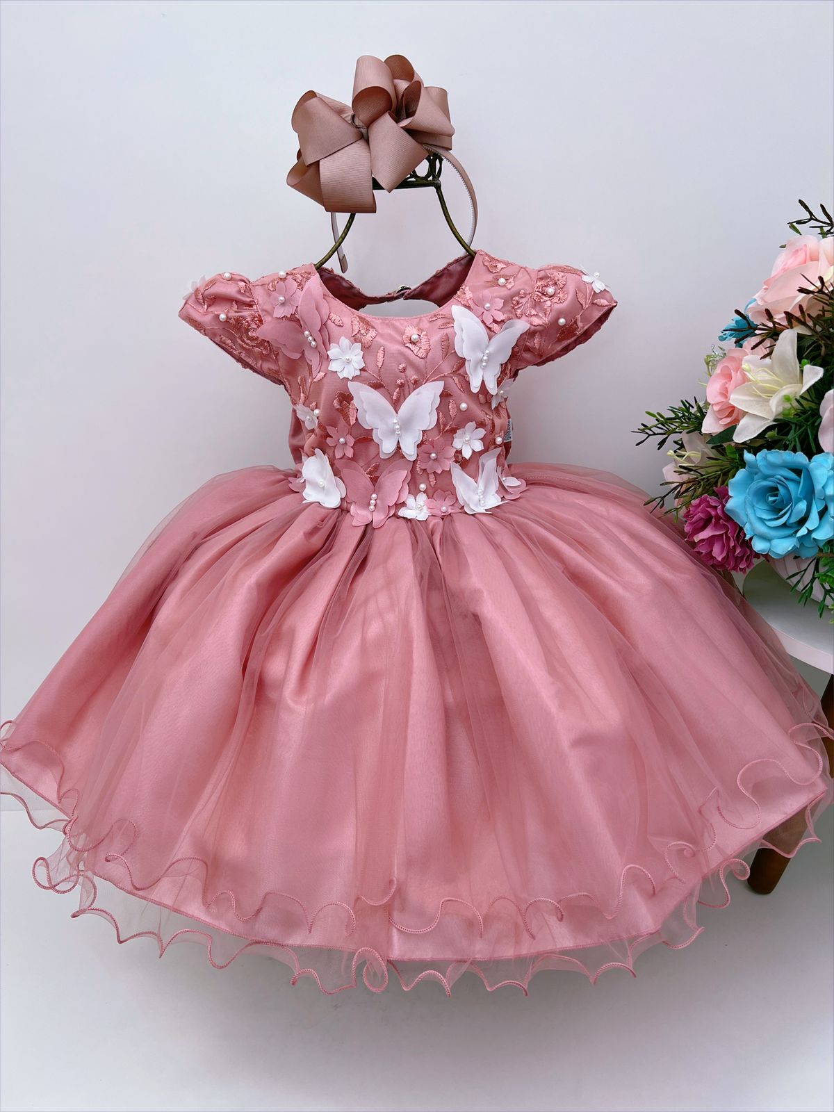 Vestido Infantil Rose C/ Renda e Aplique Flores Borboletas