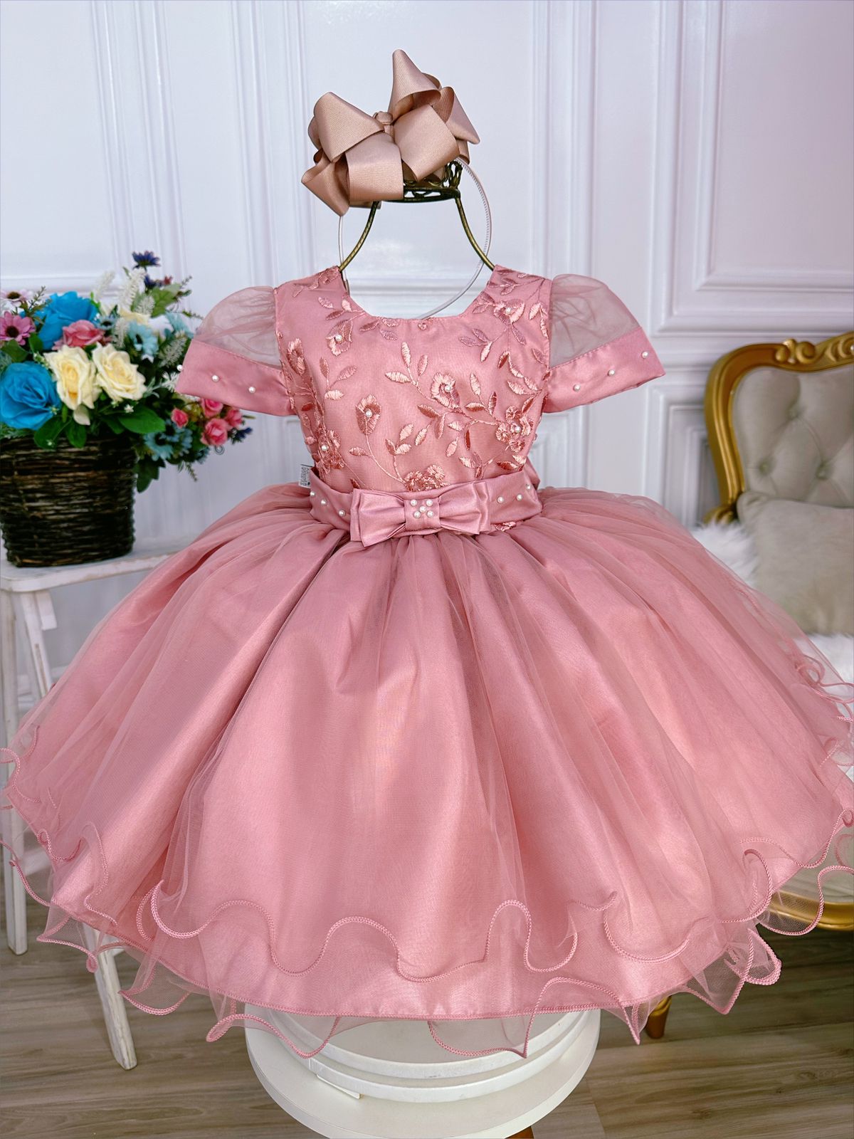 Vestido Infantil Rose Com Renda e Pérolas Luxo