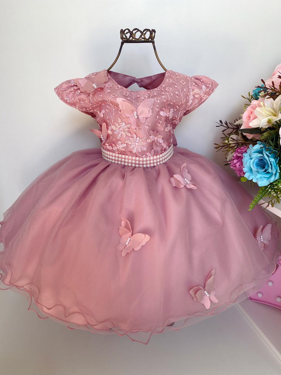Vestido Infantil Rosê Pérolas Renda Aplique Borboletas