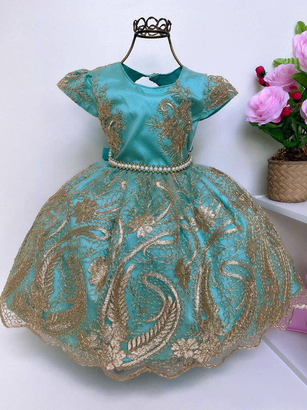 Vestido Infantil Verde Realeza Renda Dourada Luxo Aniversário