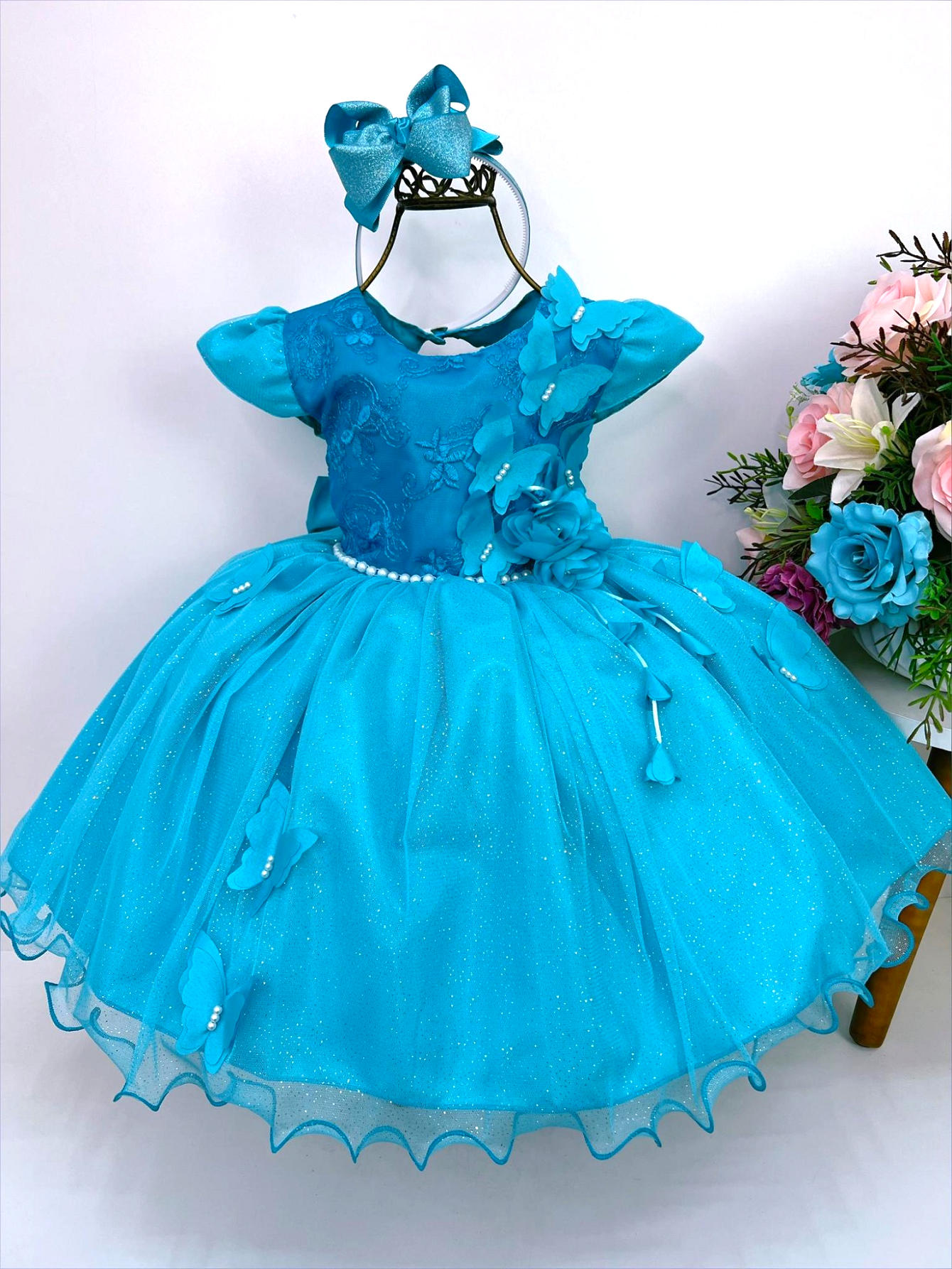 Vestido Infantil Verde Renda Aplique Borboletas Flor
