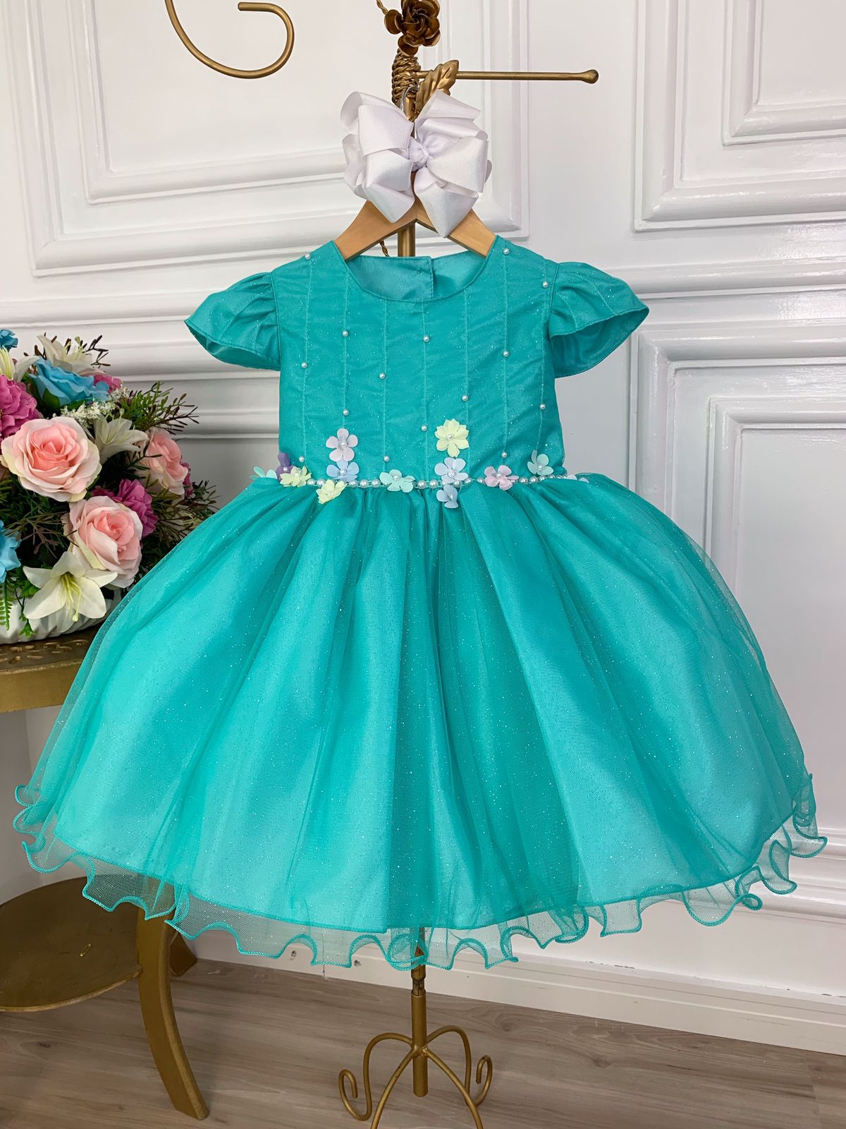 Vestido Infantil Verde C/ Aplique de Flores Glitter