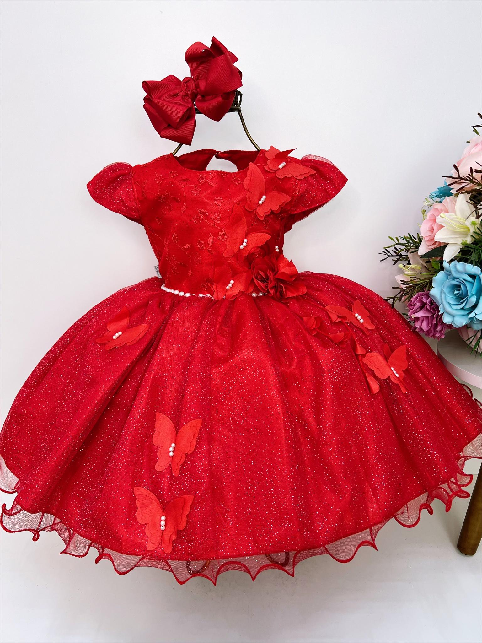Vestido Infantil Vermelho Aplique de Borboletas Flor Brilho
