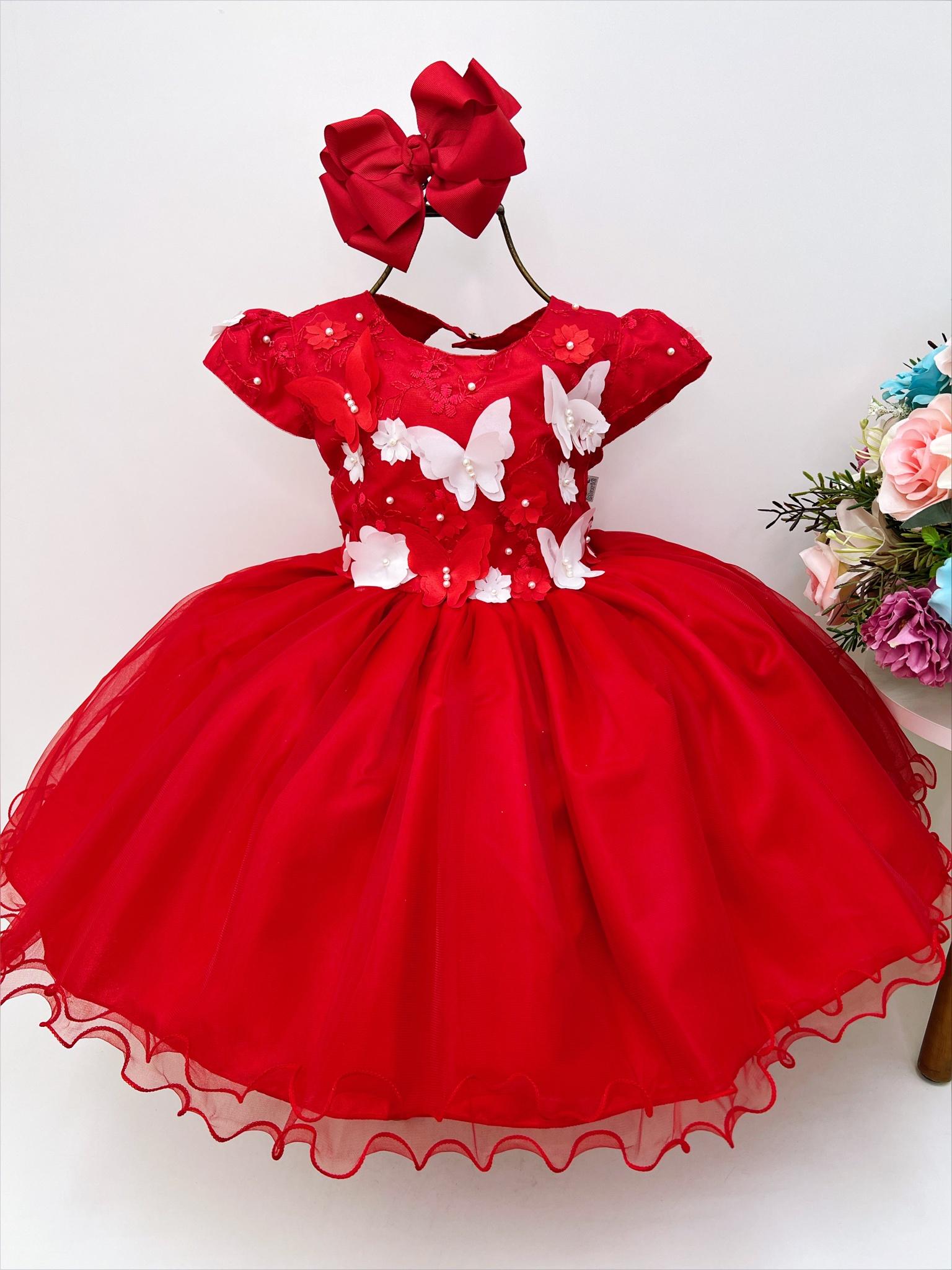 Vestido Infantil Vermelho C/ Renda Aplique Borboletas Flores