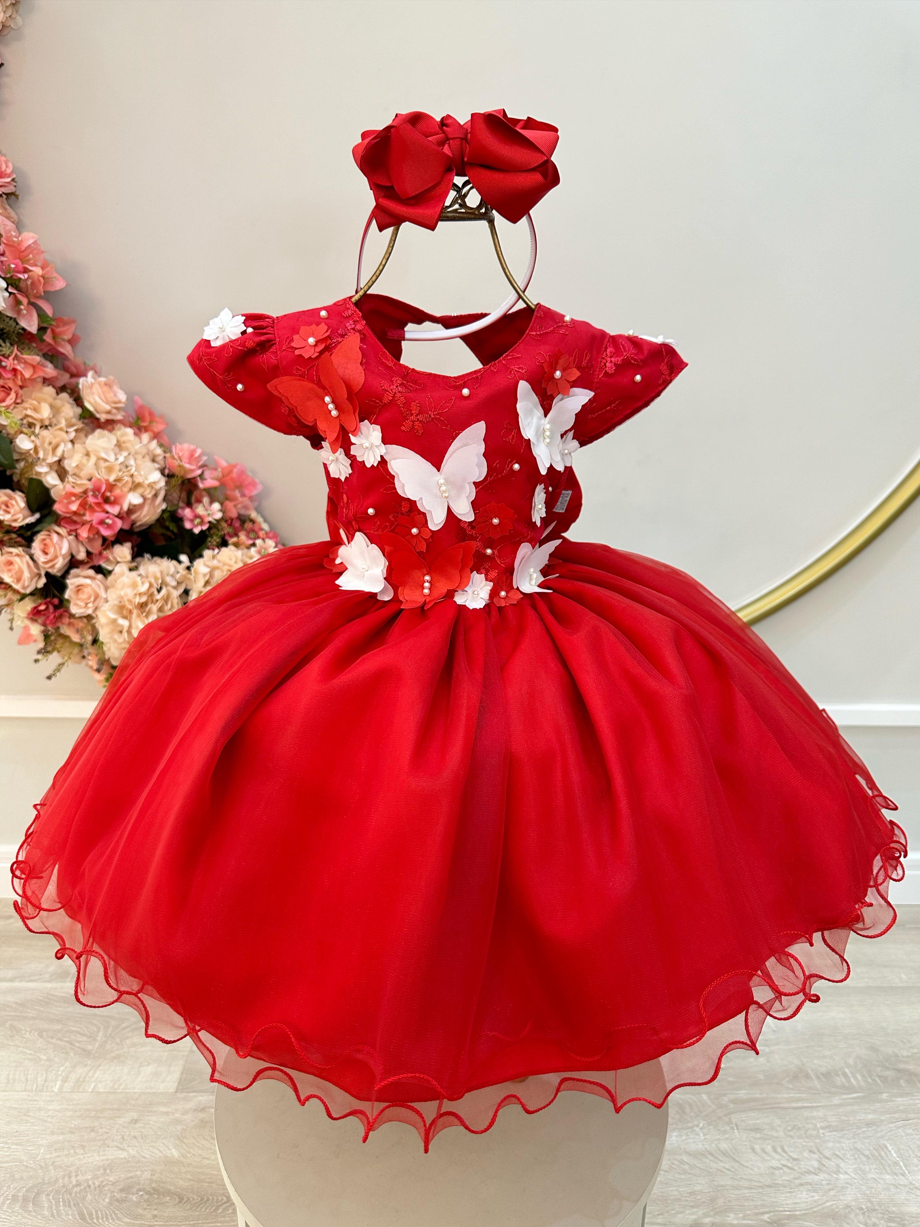 Vestido Infantil Vermelho C/ Renda Aplique Borboletas Flores