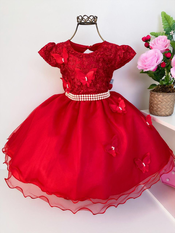 Vestido Infantil Vermelho com Pérolas Renda Aplique Borboletas