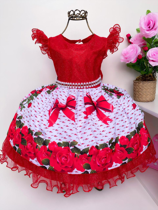 Vestido Infantil Vermelho Floral Laços Brilho Luxo Festa