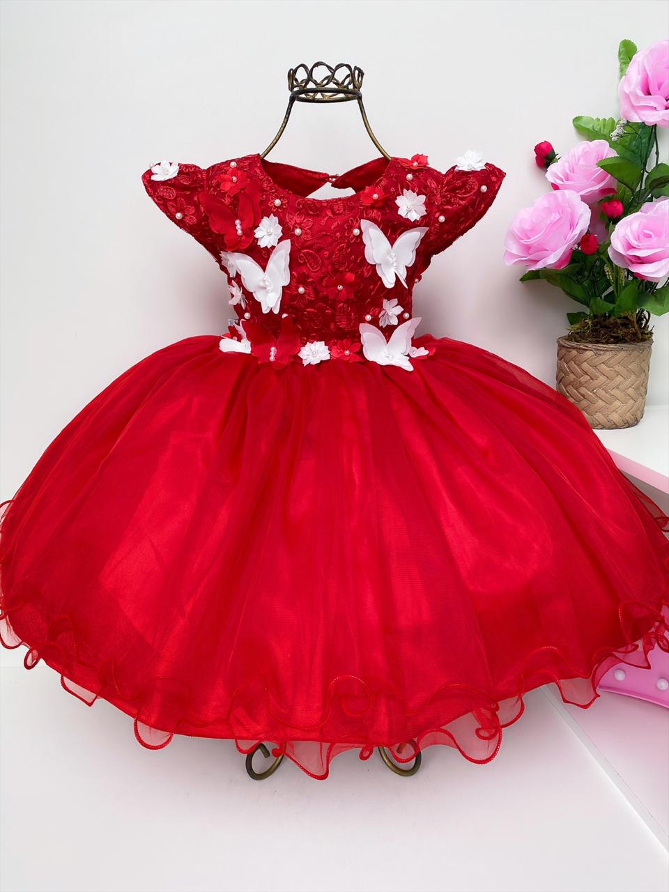 Vestido Infantil Vermelho Pérolas Renda Aplique Borboletas