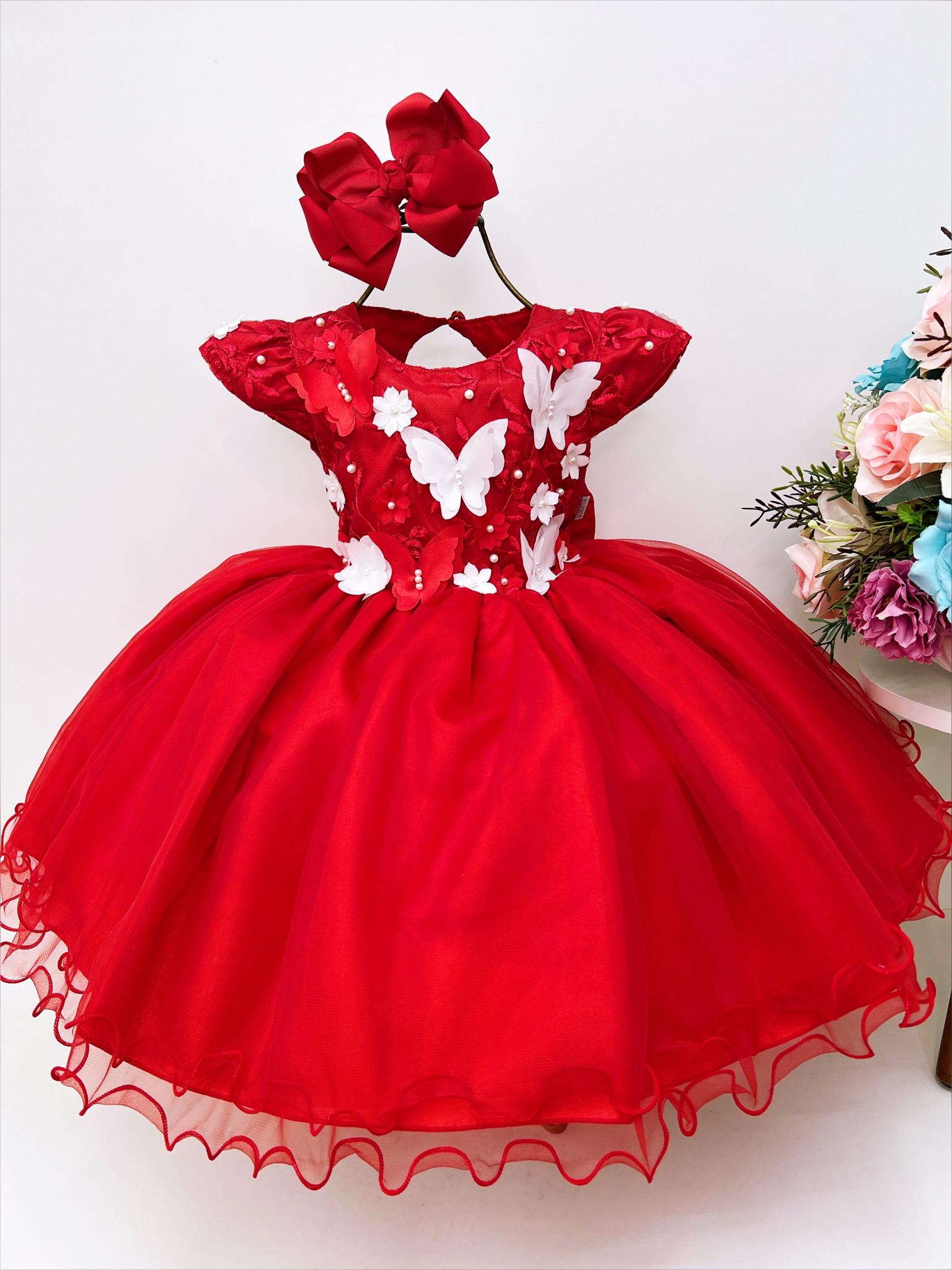 Vestido Infantil Vermelho Renda Aplique de Flores Borboletas