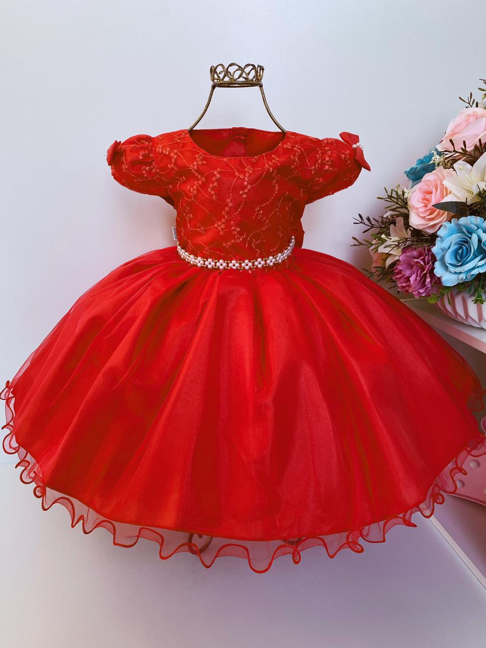 Vestido Infantil Vermelho Renda e Voal Luxo Festas