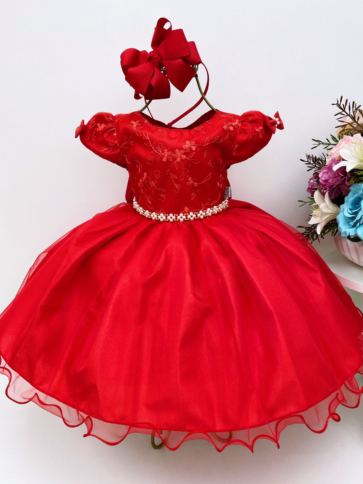 Vestido Infantil Vermelho Renda e Voal Luxo Festas