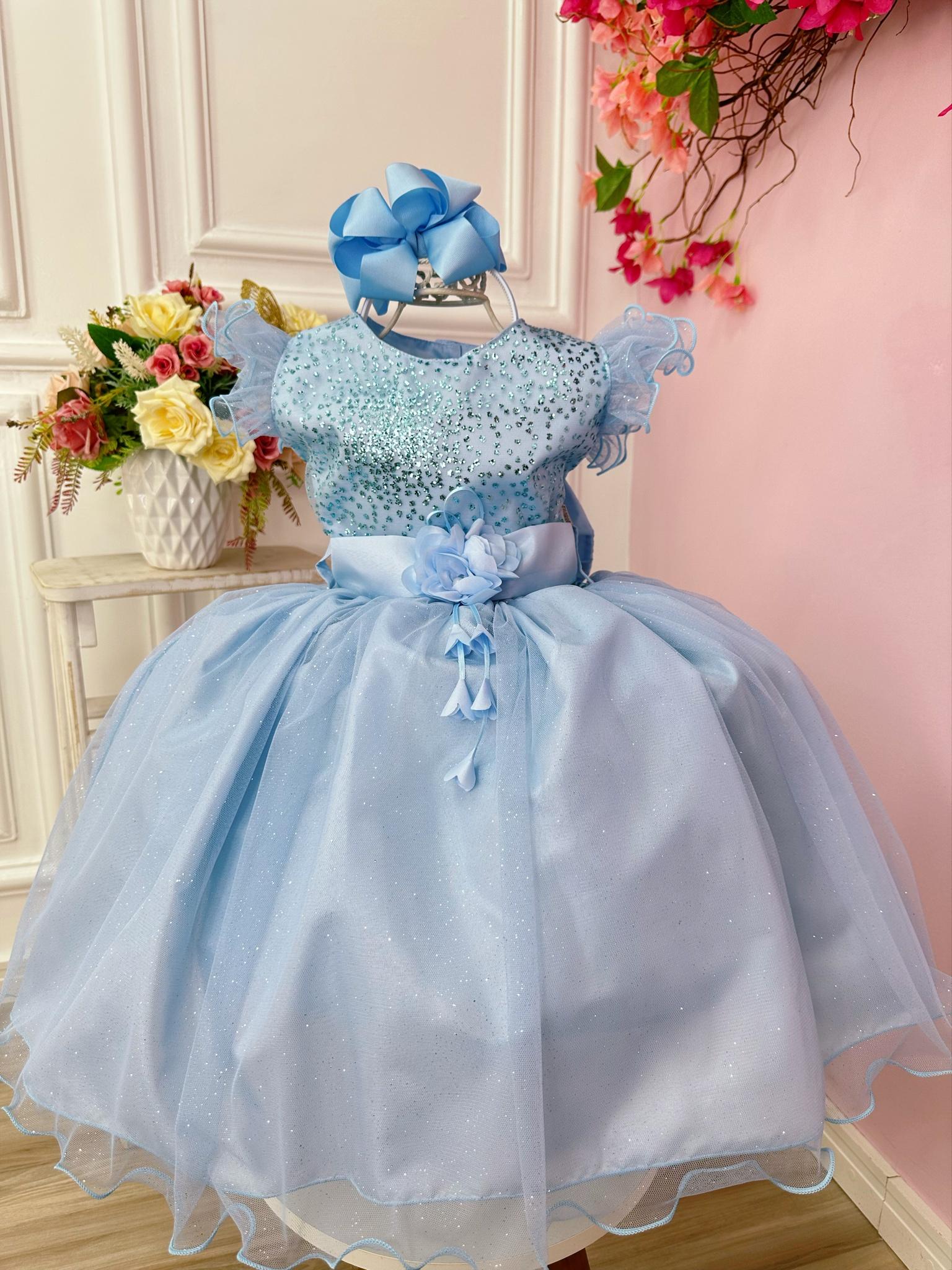 Vestido Infantil Azul Com Glitter e Broche de Flor Luxo