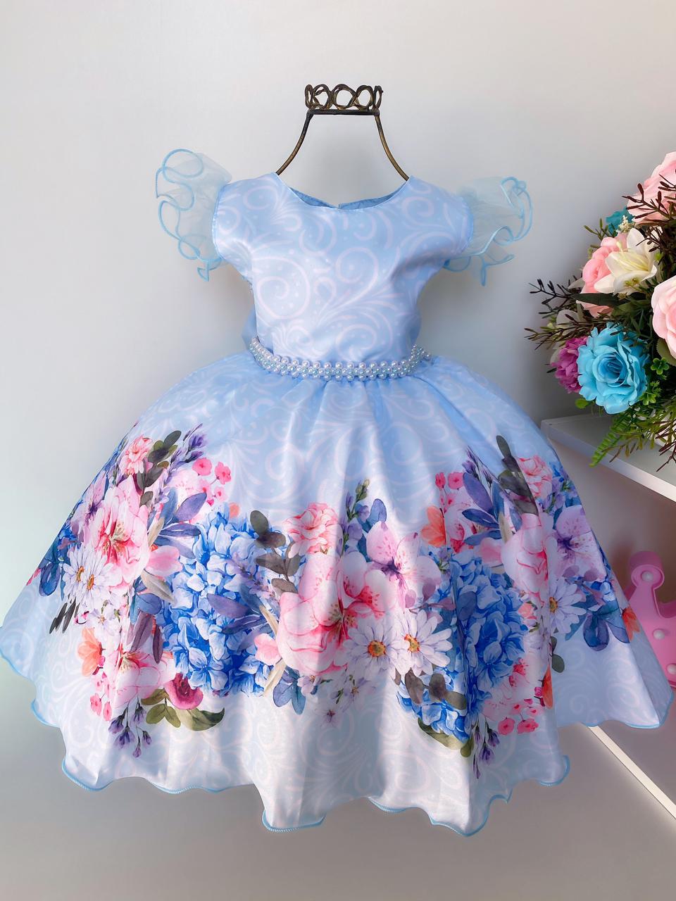 Vestido Infantil Azul Bebê Princesas Cinto Pérolas Luxo - Rosa Charmosa  Atacado