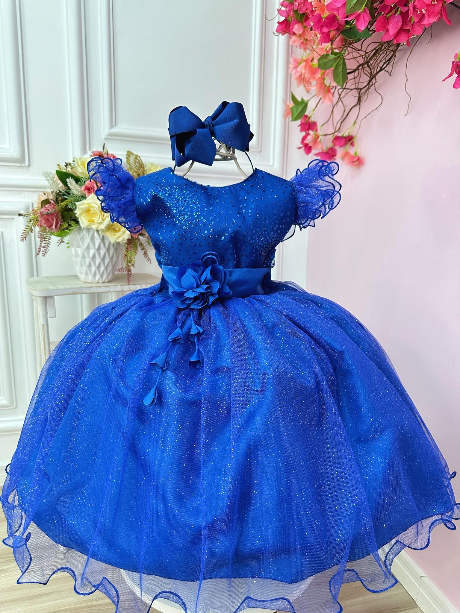 Vestido Infantil Azul Royal Com Glitter e Broche de Flor Luxo