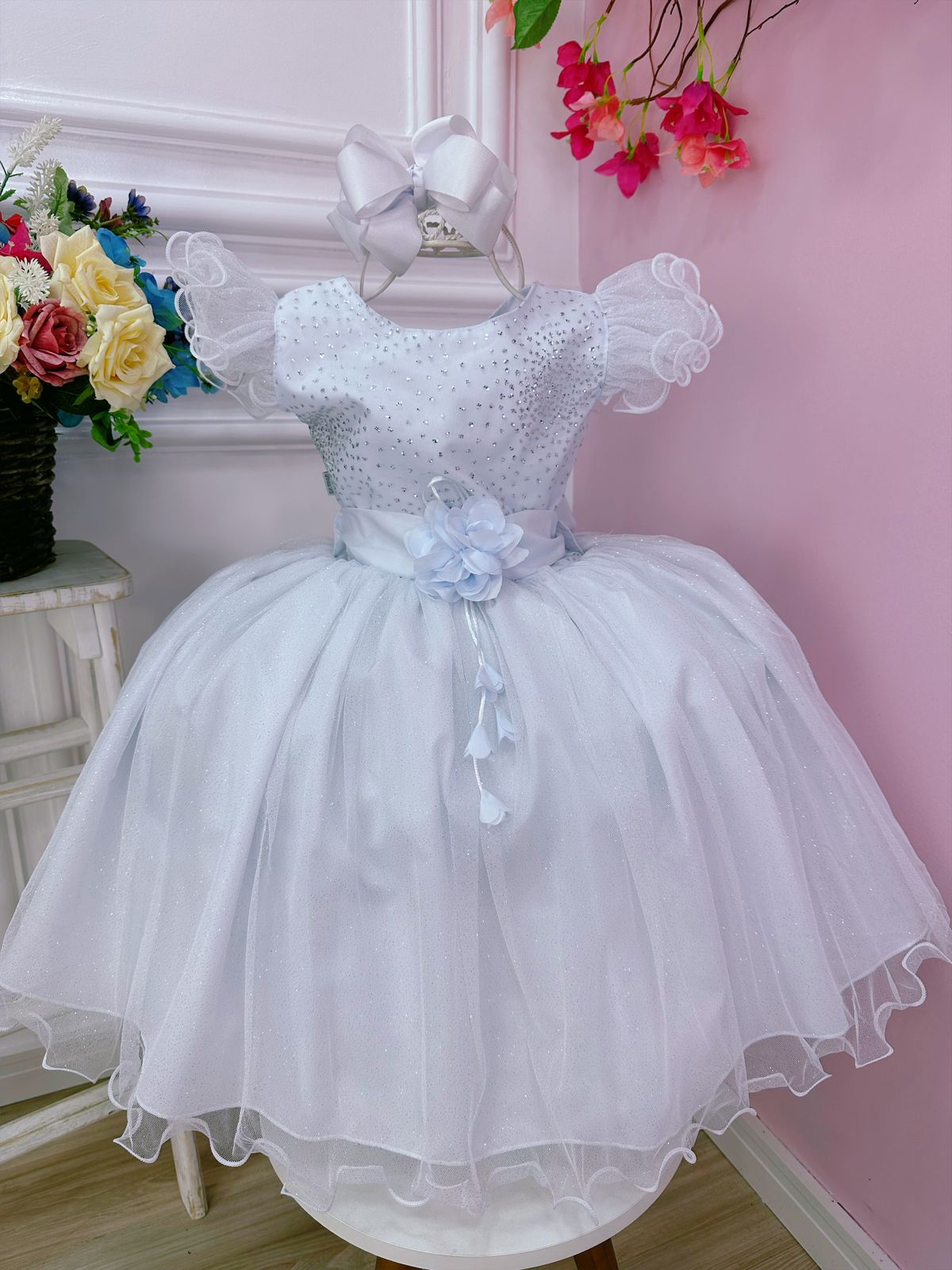 Vestido Infantil Branco Com Glitter e Broche de Flor Luxo
