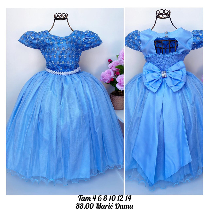Vestido Infantil Damas Honra Azul Claro Casamentos Pérolas - Rosa