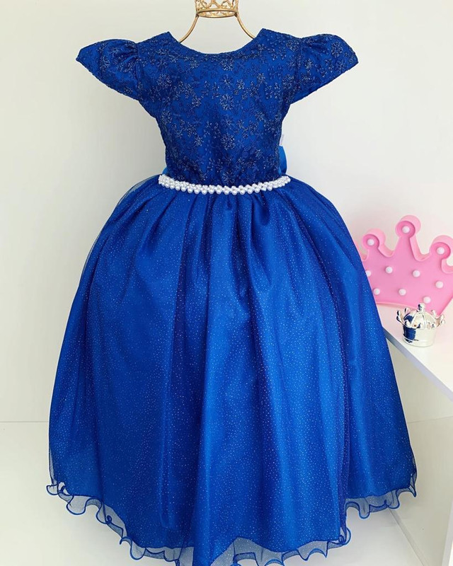 Vestido Infantil Damas Honra Azul Royal Casamentos Pérolas