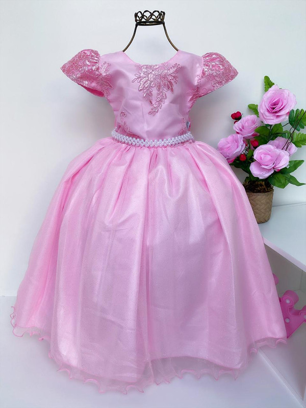 Vestido Infantil Damas Honra Rosa Casamentos Pérolas