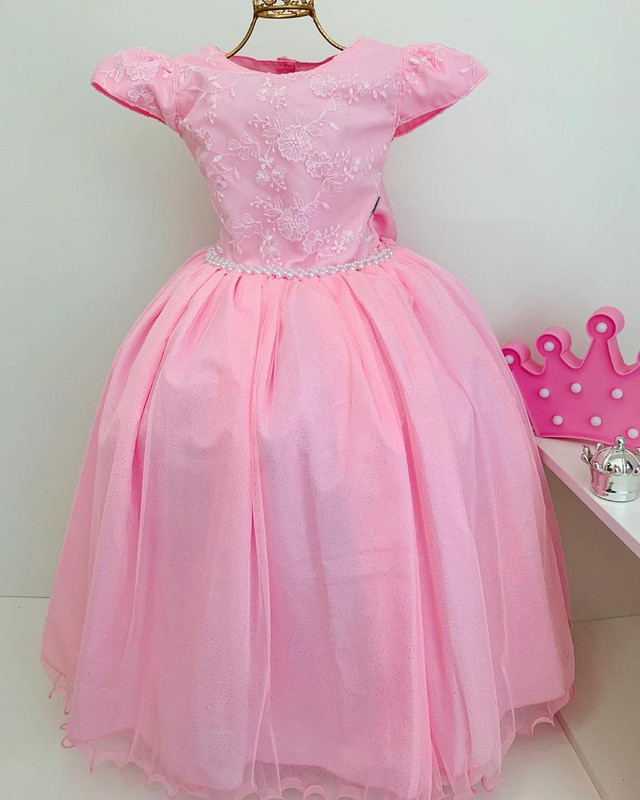 Vestido Infantil Damas Honra Rosa Casamentos Pérolas Luxo