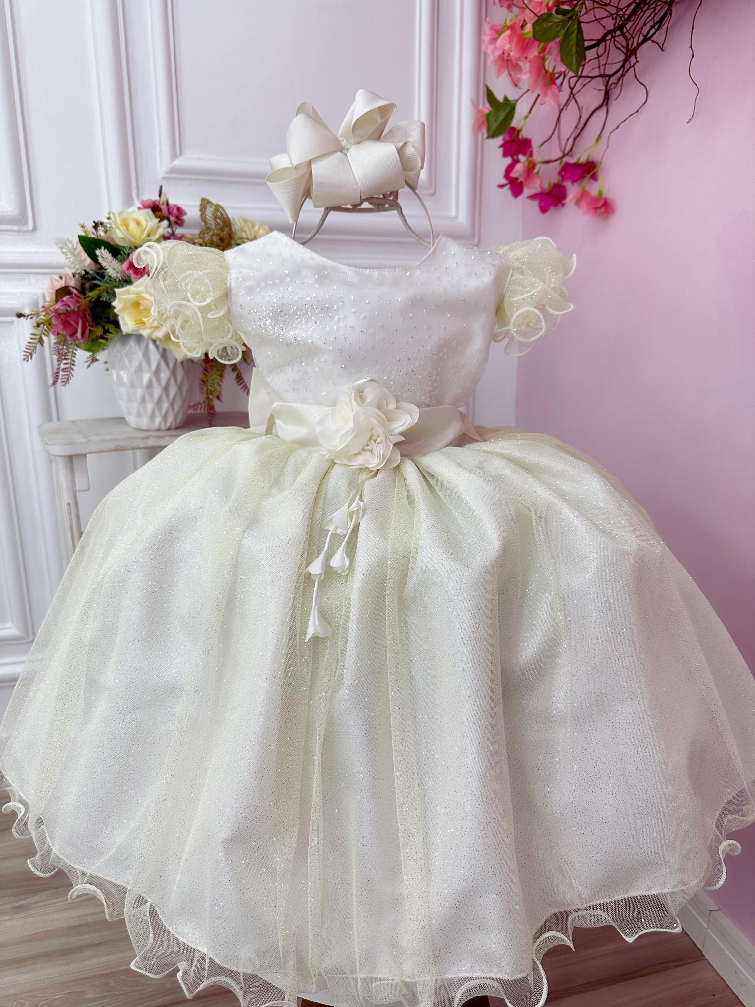 Vestido Infantil Marfim Com Glitter e Broche de Flor Luxo