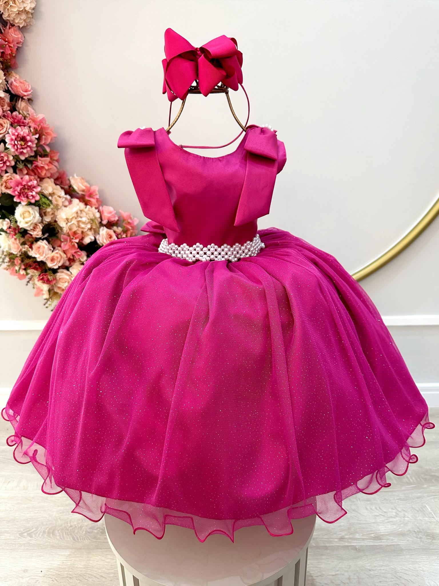 Vestido Infantil Pink C/ Pérolas e Saia Tule Glitter