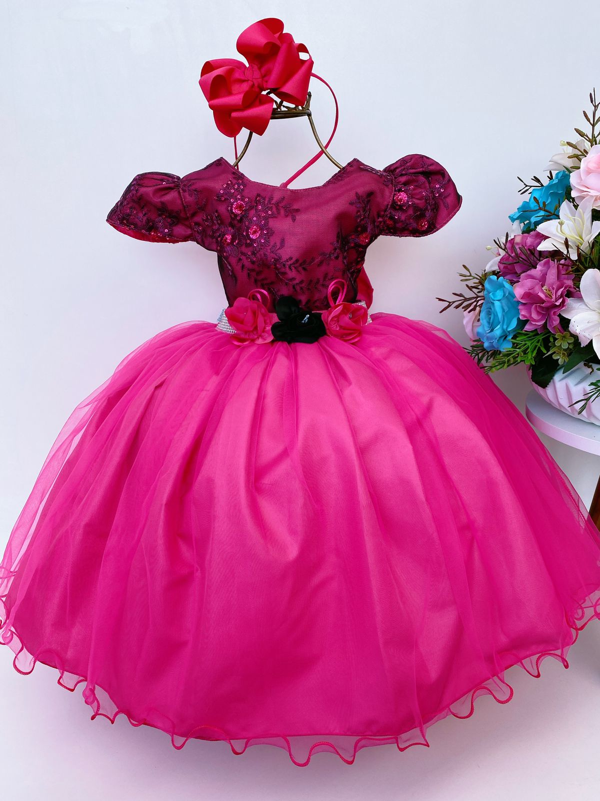 Vestido Infantil Gatinha Marie Luxo Orelhas Acompanha Tiara - Rosa Charmosa  Atacado