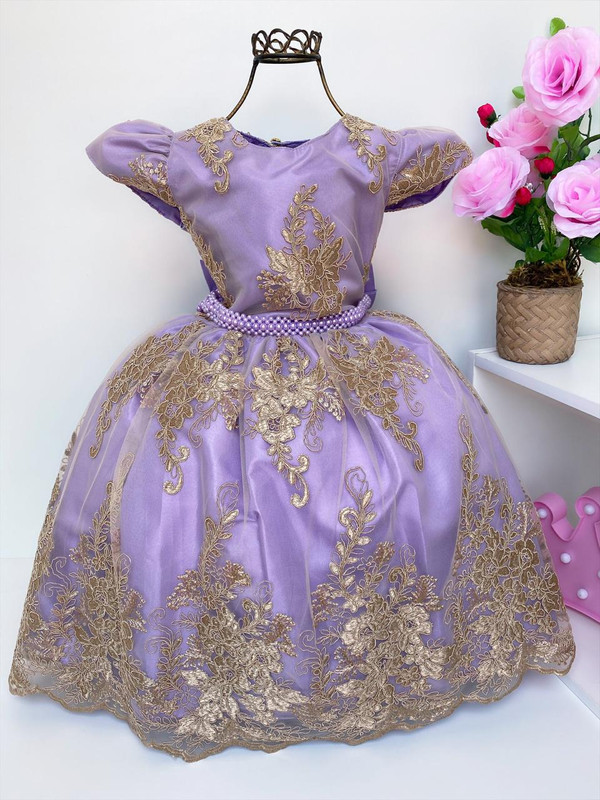Vestido Infantil Realeza Lilás Renda Dourada Princesas Luxo - Rosa Charmosa  Atacado