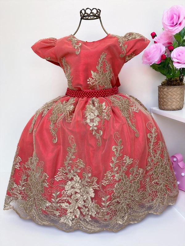 Vestido Princesa Infantil Vermelho Com Dourado