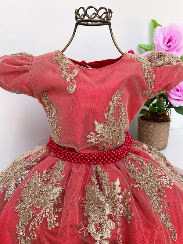 Vestido Infantil Vermelho Realeza Renda Princesa Luxo Festa - Rosa