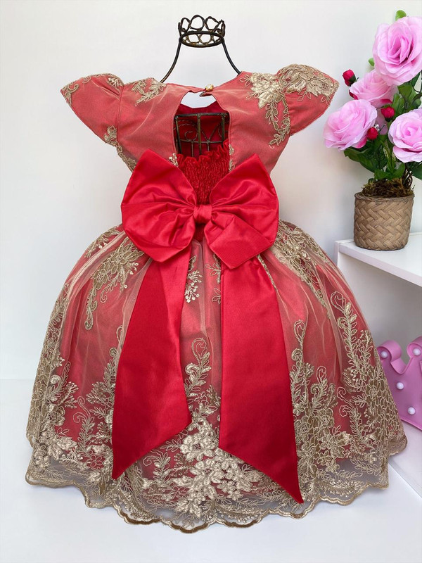 Vestido Infantil Vermelho Realeza Renda Luxo Festa Princesa - Rosa