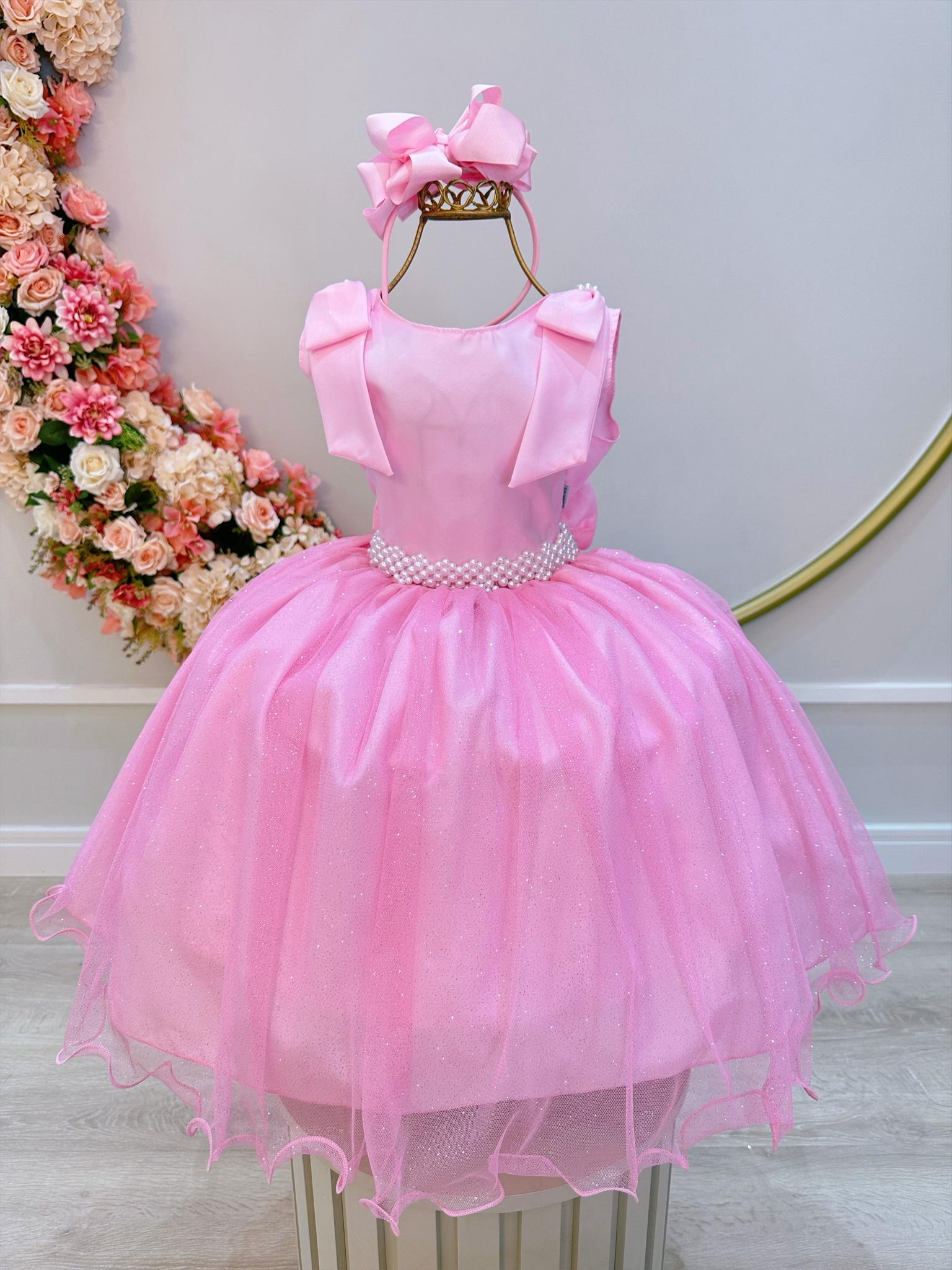 Vestido Infantil Rosa Bebê C/ Pérolas e Saia Tule Glitter